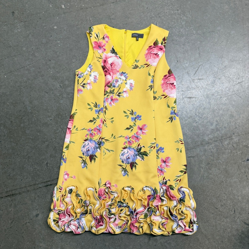Donna Ricco New York Yellow Floral Ruffle Hem V-Neck Sheath Dress Womens 16